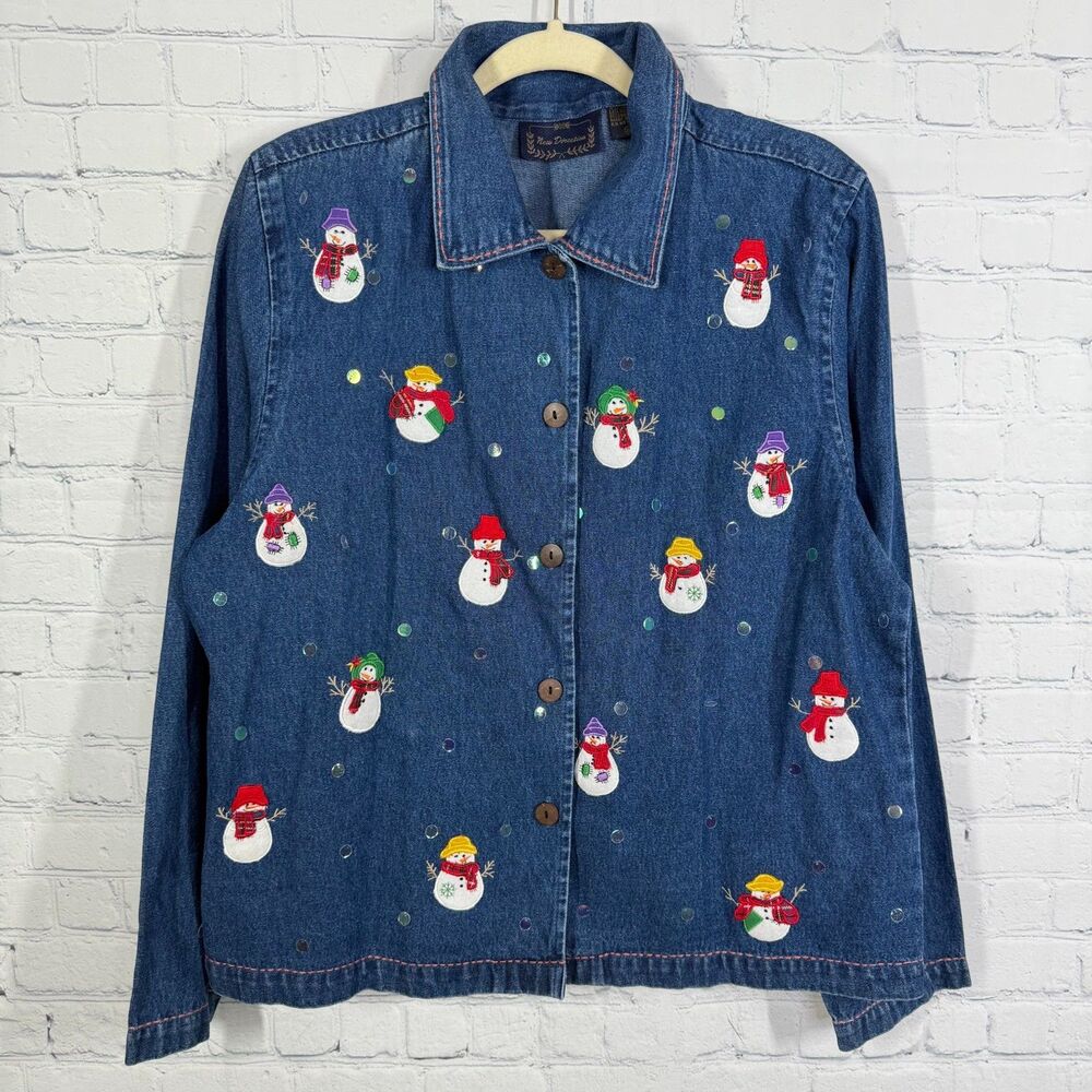 Button Shirt Women XL Blue Chambray Snowman Winter Christmas Holiday's Party Top